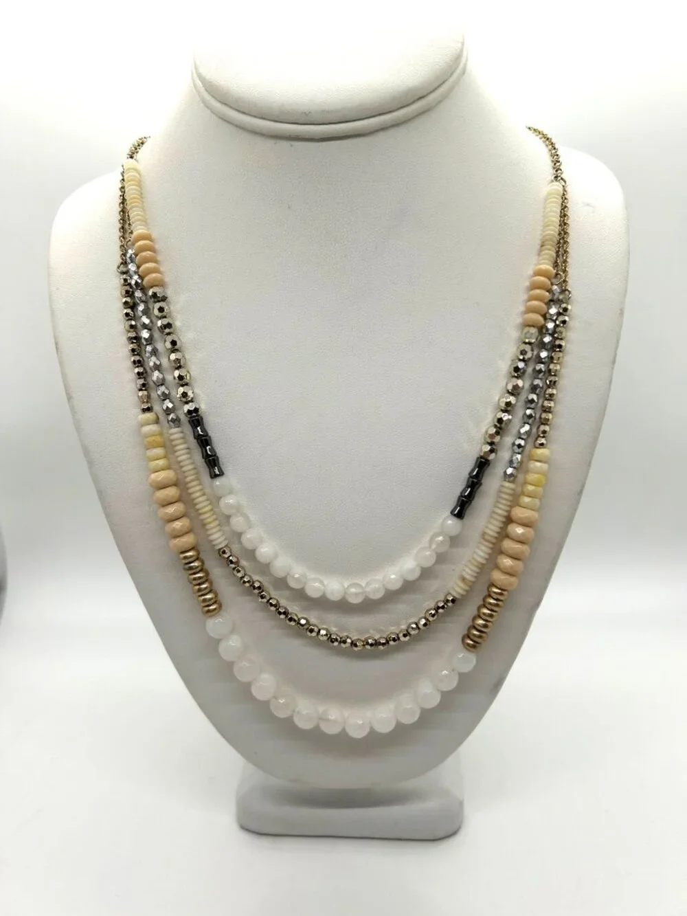 Vintage 3 Strand Layered Beaded Necklace White Tan Gold Tone Chic Boho
